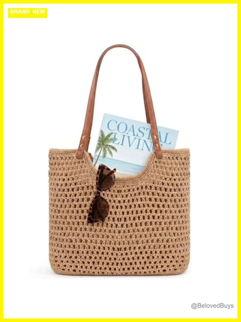 Crochet Beach Tote with Reinforced PU Leather Strap, Zippered Lined Bag